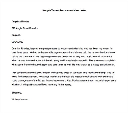 Sample Tenant Recommendation Letter Word Format 1