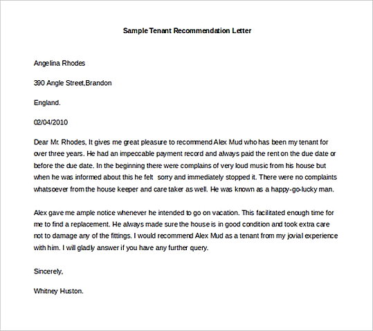 Sample Tenant Recommendation Letter Word Format