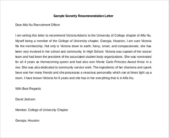 Sorority Recommendation Letter templates MS Word