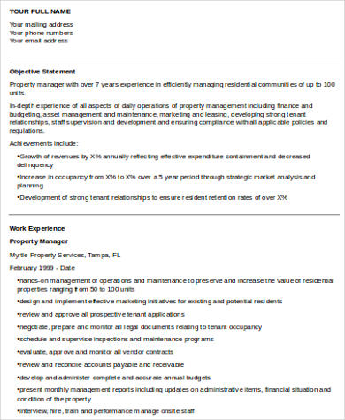 Property Manager Objective for Resume