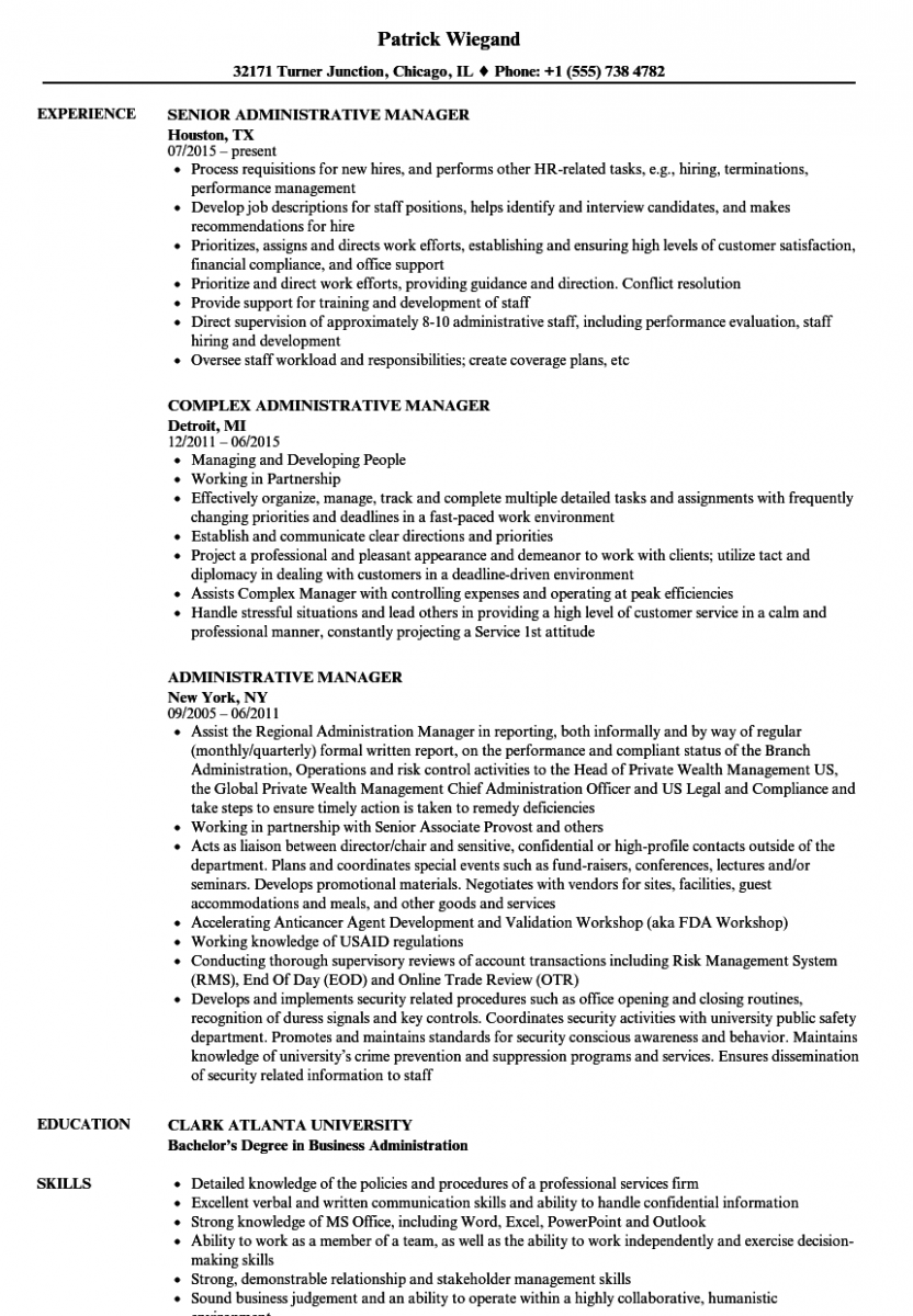 administrative manager resume sample