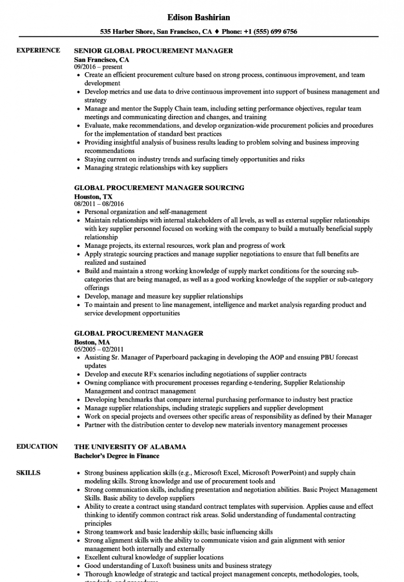 global procurement manager resume sample