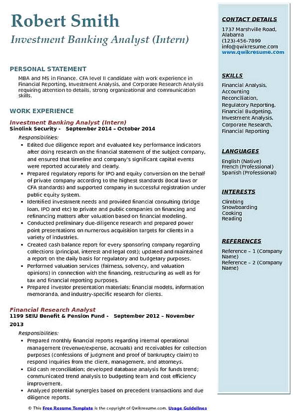 Investment Banking Analyst resume