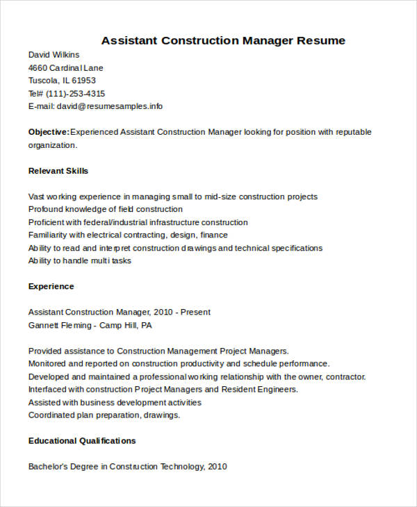 Assistant Construction Manager Resume