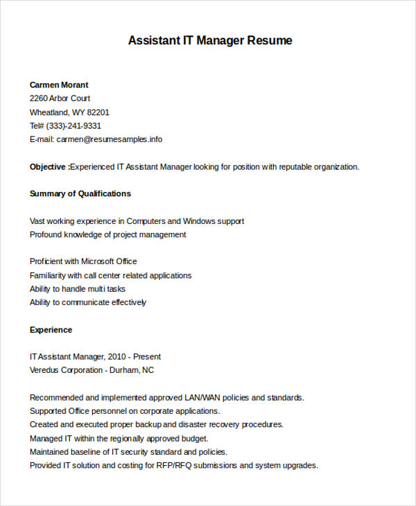 Assistant IT Manager Resume