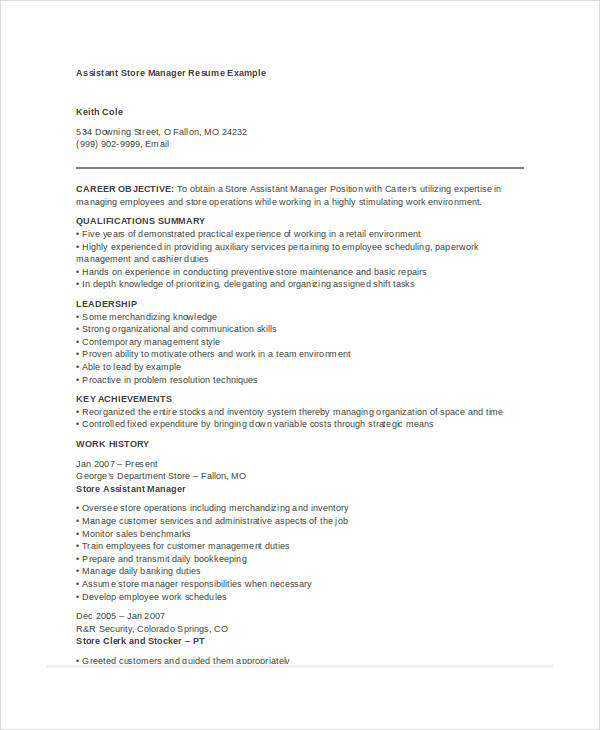 Assistant Store Manager Resume 1