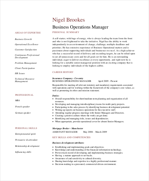 Business Operations Manager Resume Sample