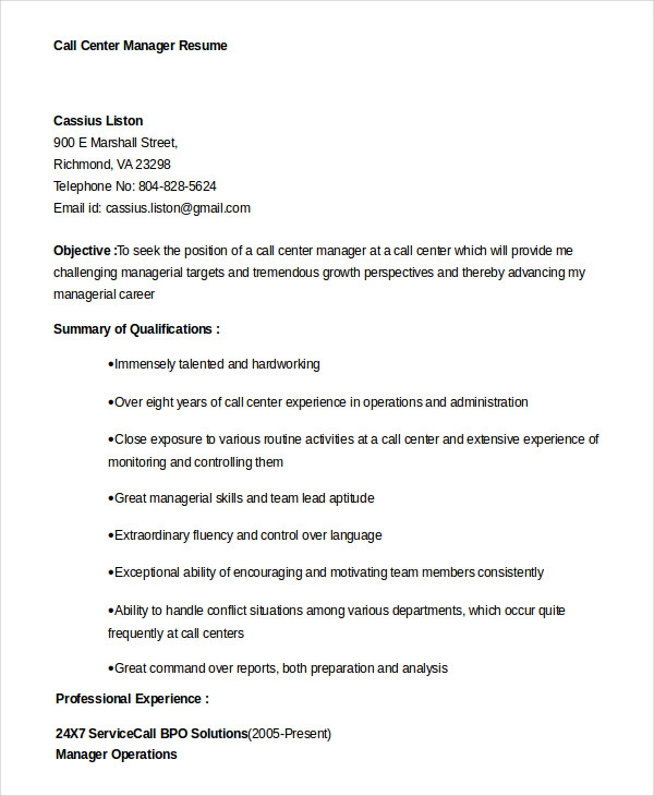 Call Center Manager Resume templates