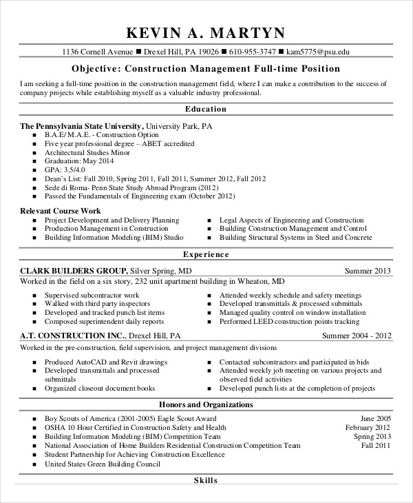 Construction Resume Template Free