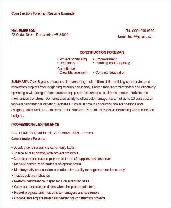 Construction Foreman Resume Example