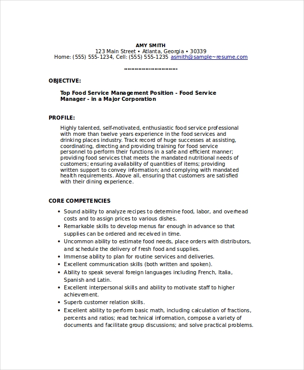 Food Service Manager Resume