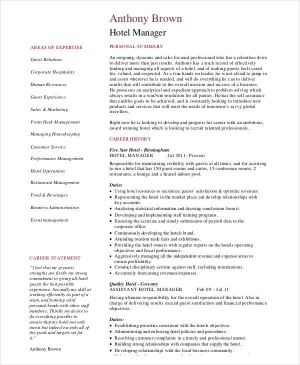 Hotel Operations Manager Resume