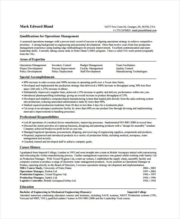 Production Manager Resume Format