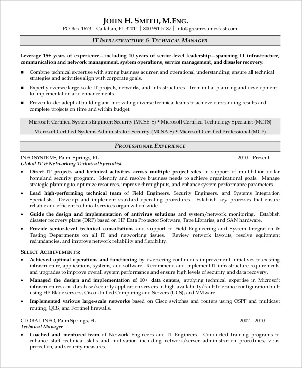 Professional Technical Manager Resume 1