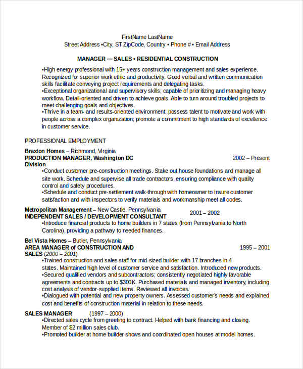 Residential Construction Manager Resume