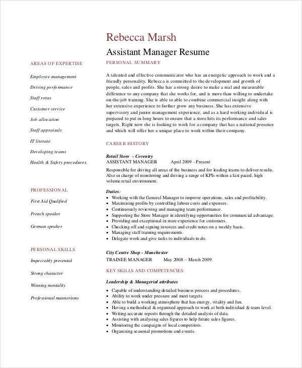 Retail Assistant Manager Resume Example