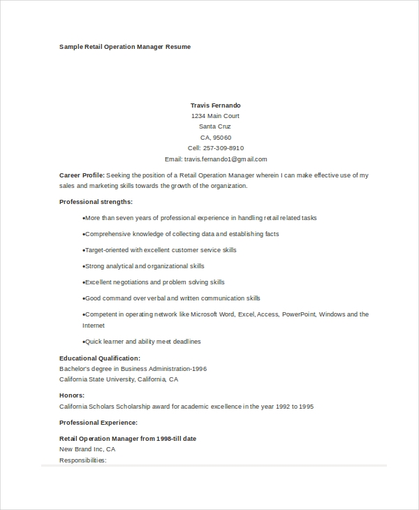 Retail Operations Manager Resume Sample