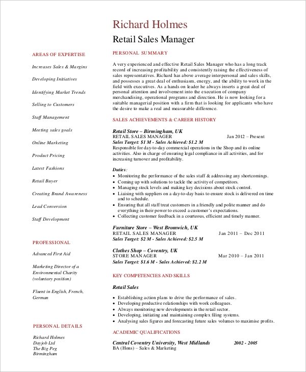 Retail Sales Manager Resume In