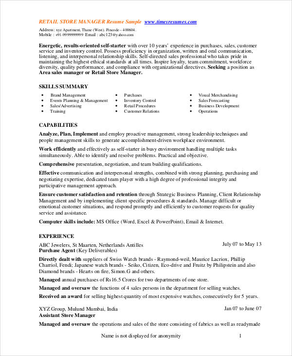 Retail Store Manager Resume 1