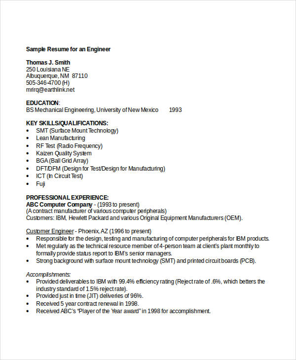 Sample Engineering Student Resume
