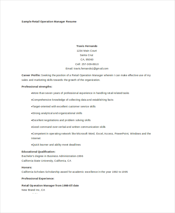 Sample Retail Operations Manager Resume