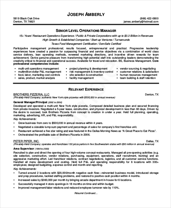 Senior Operations Manager Resume Format