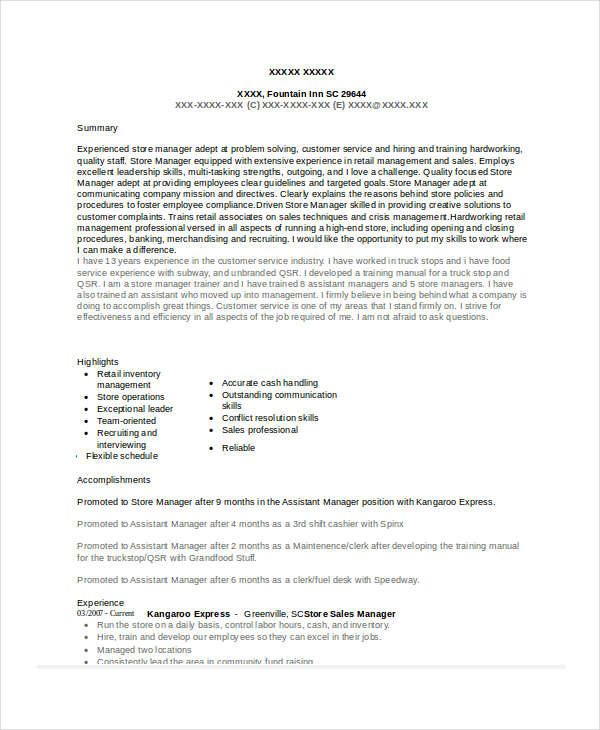 Store Sales Manager Resume 1