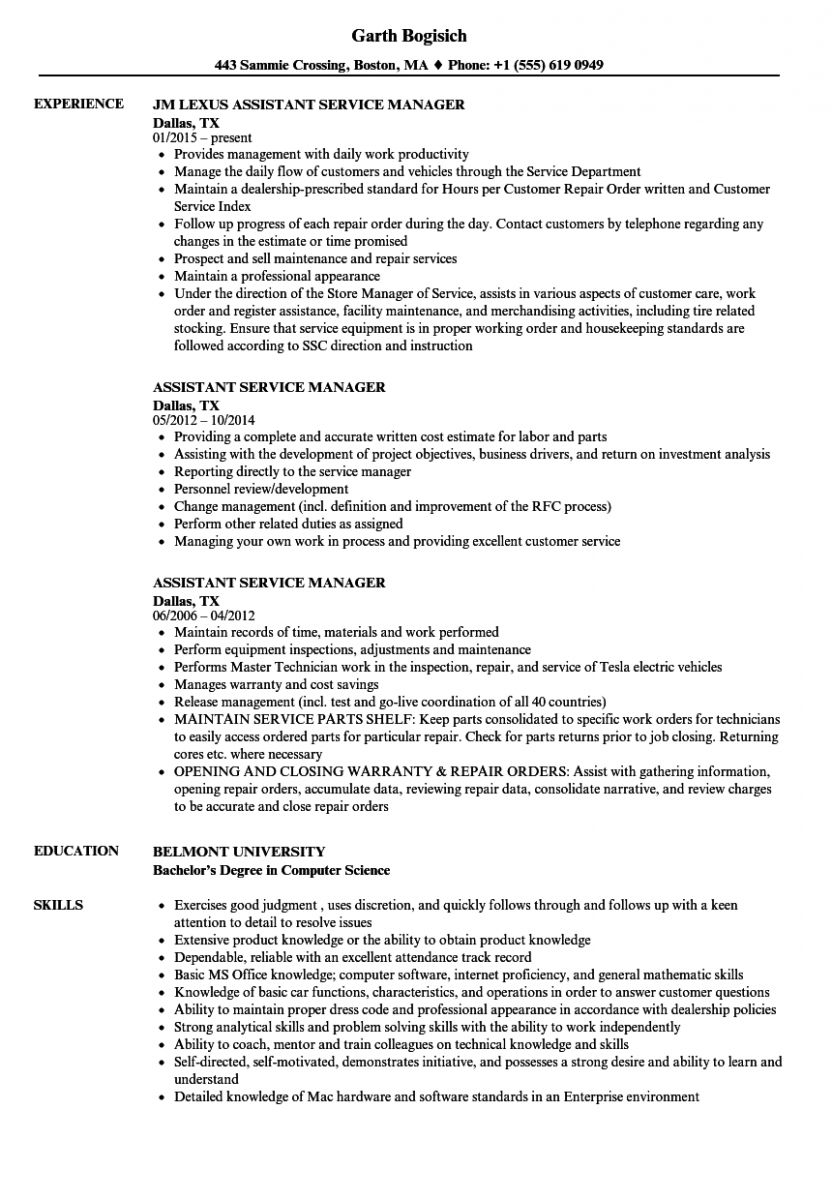 assistant service manager resume sample