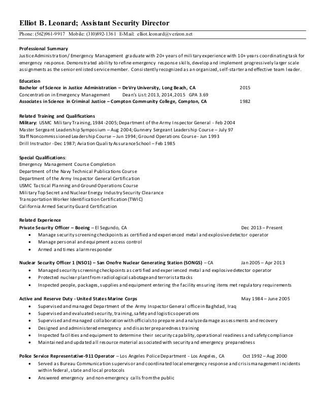 e leonard assistant security manager resume