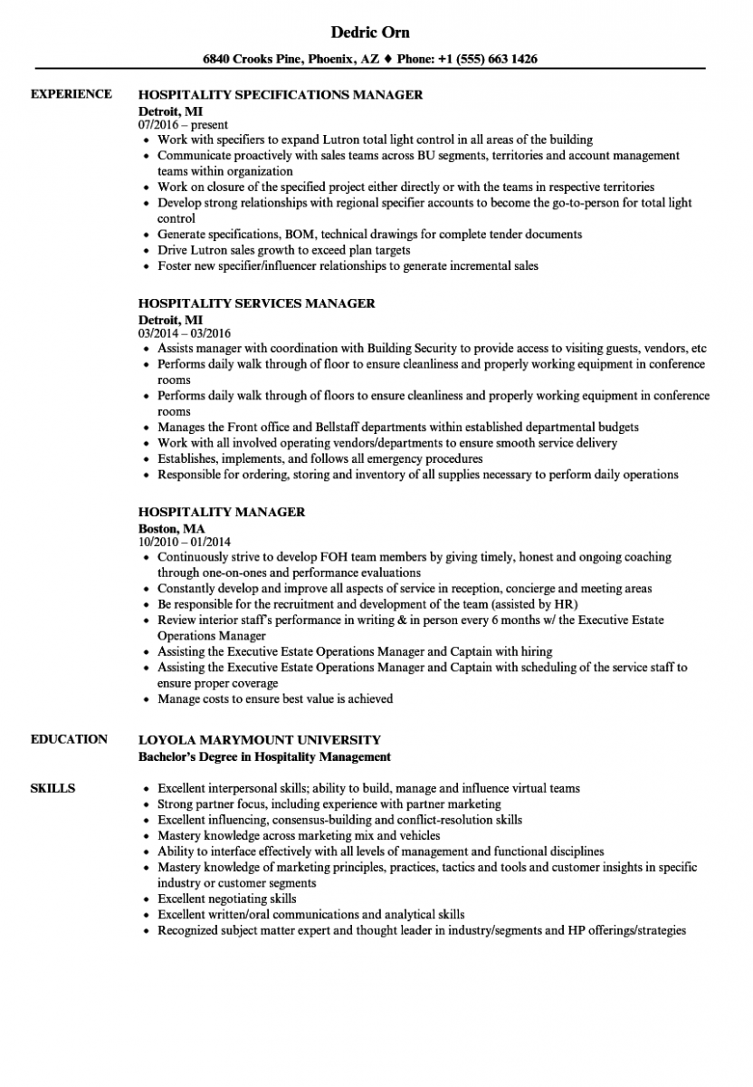 hospitality manager resume sample