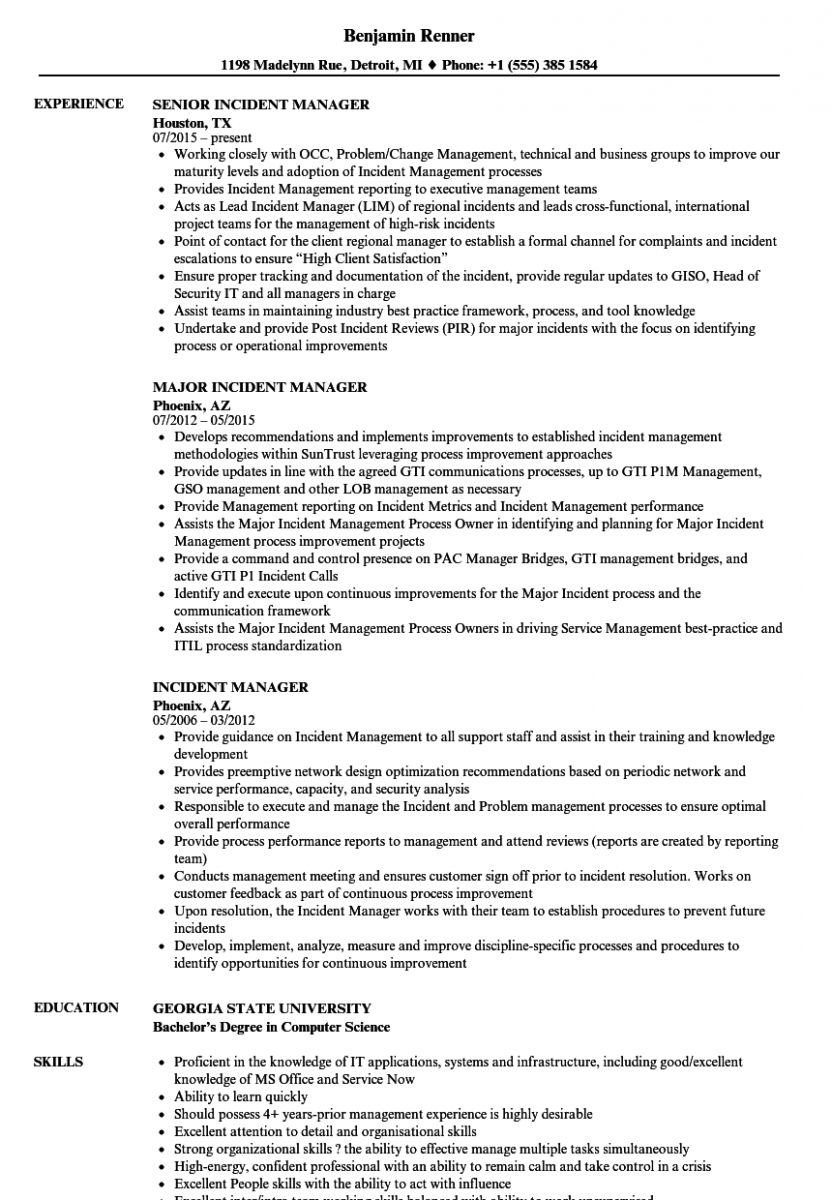 incident manager resume sample