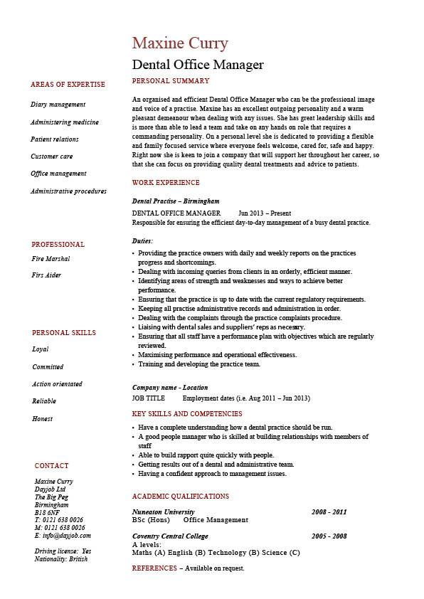 pic dental office manager resume