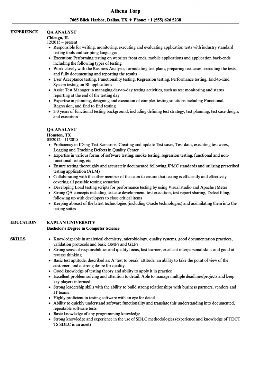 qa analyst resume sample