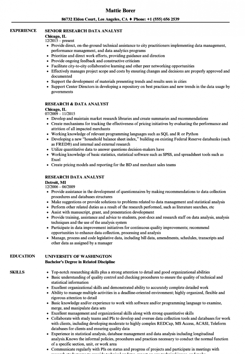 research data analyst resume sample