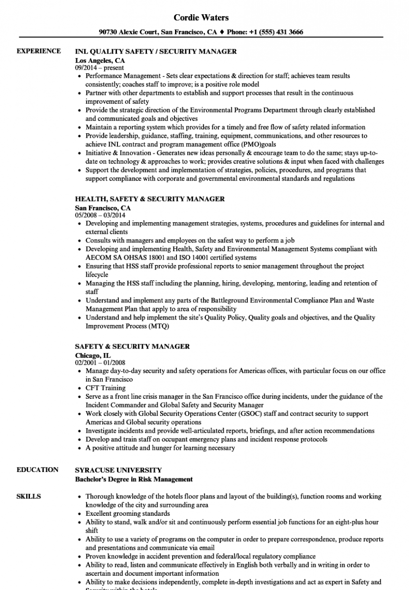 safety security manager resume sample