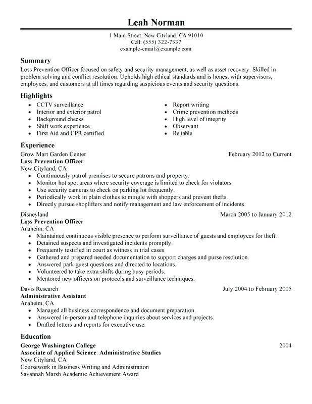 security manager resume loss prevention officer resume