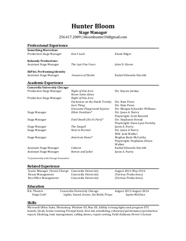 stage manager resume bloom