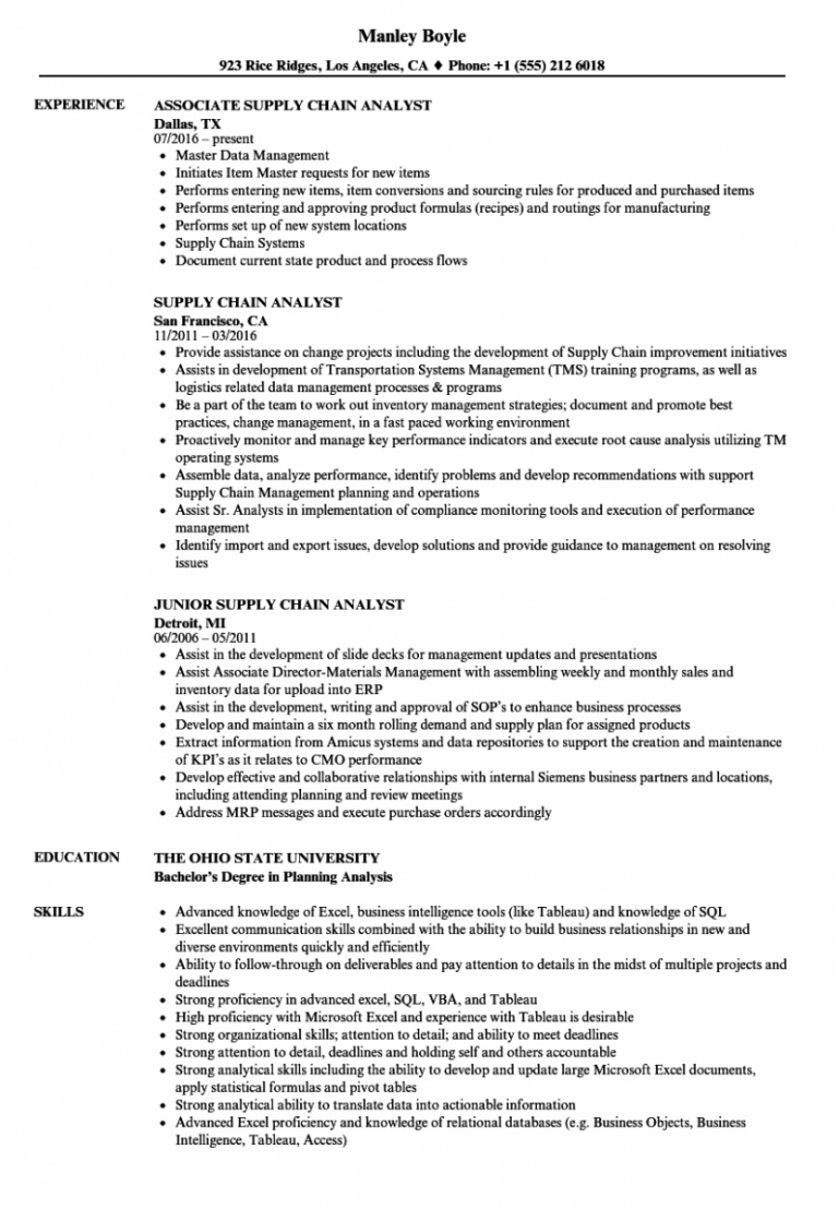 Supply Chain Analyst Resume