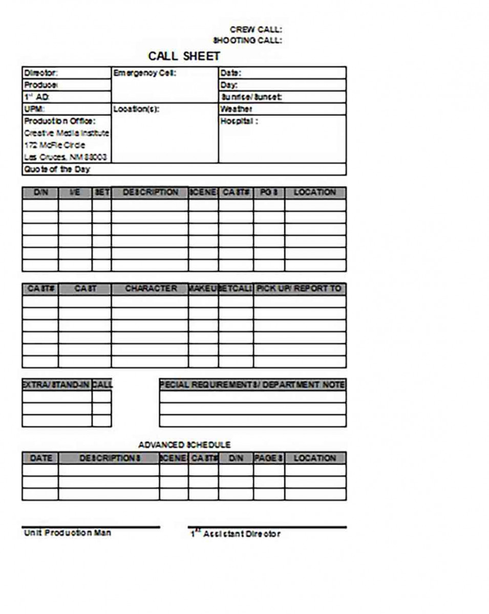Blank Call Sheet templates Excel