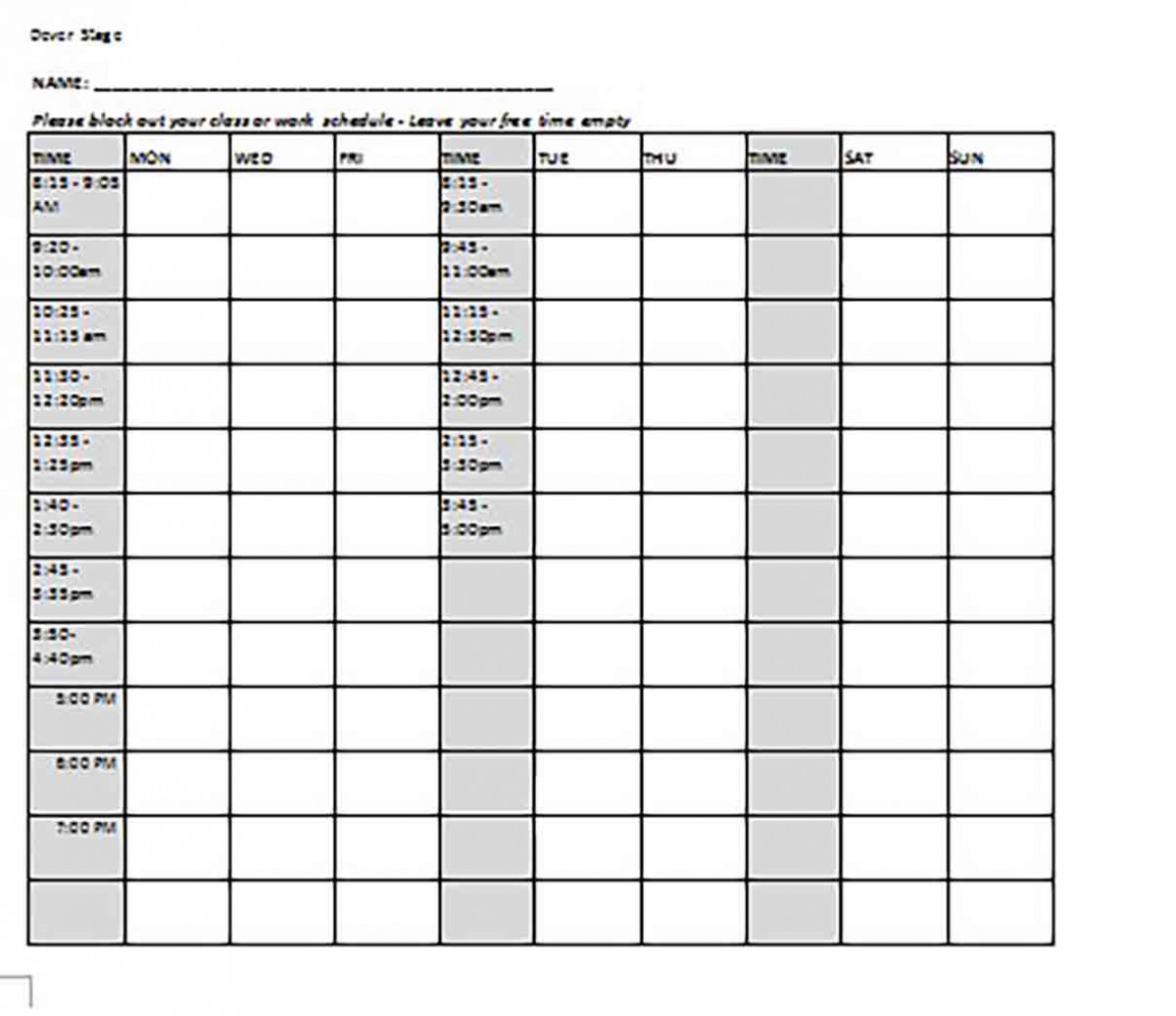 Blank Class Schedule