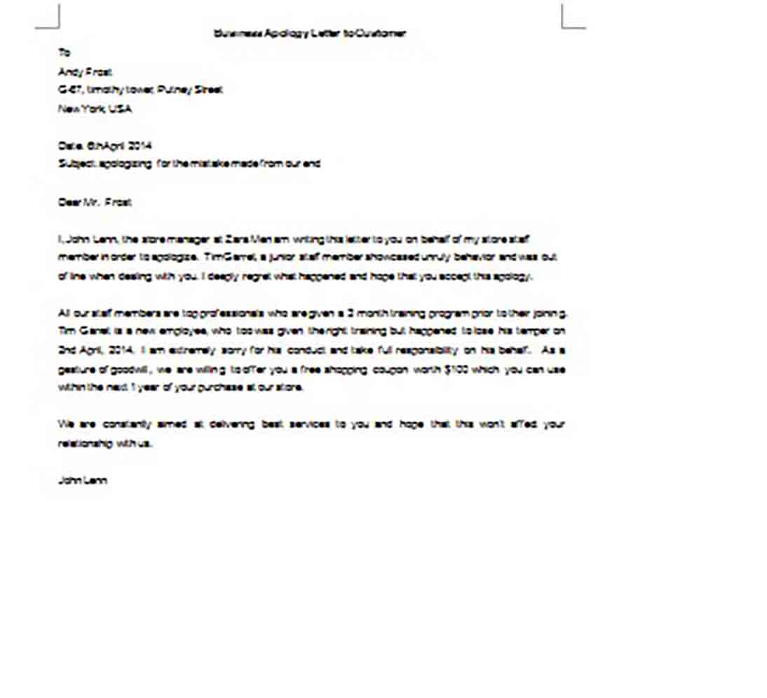 Business Apology Letter to Customer Example Word Doc