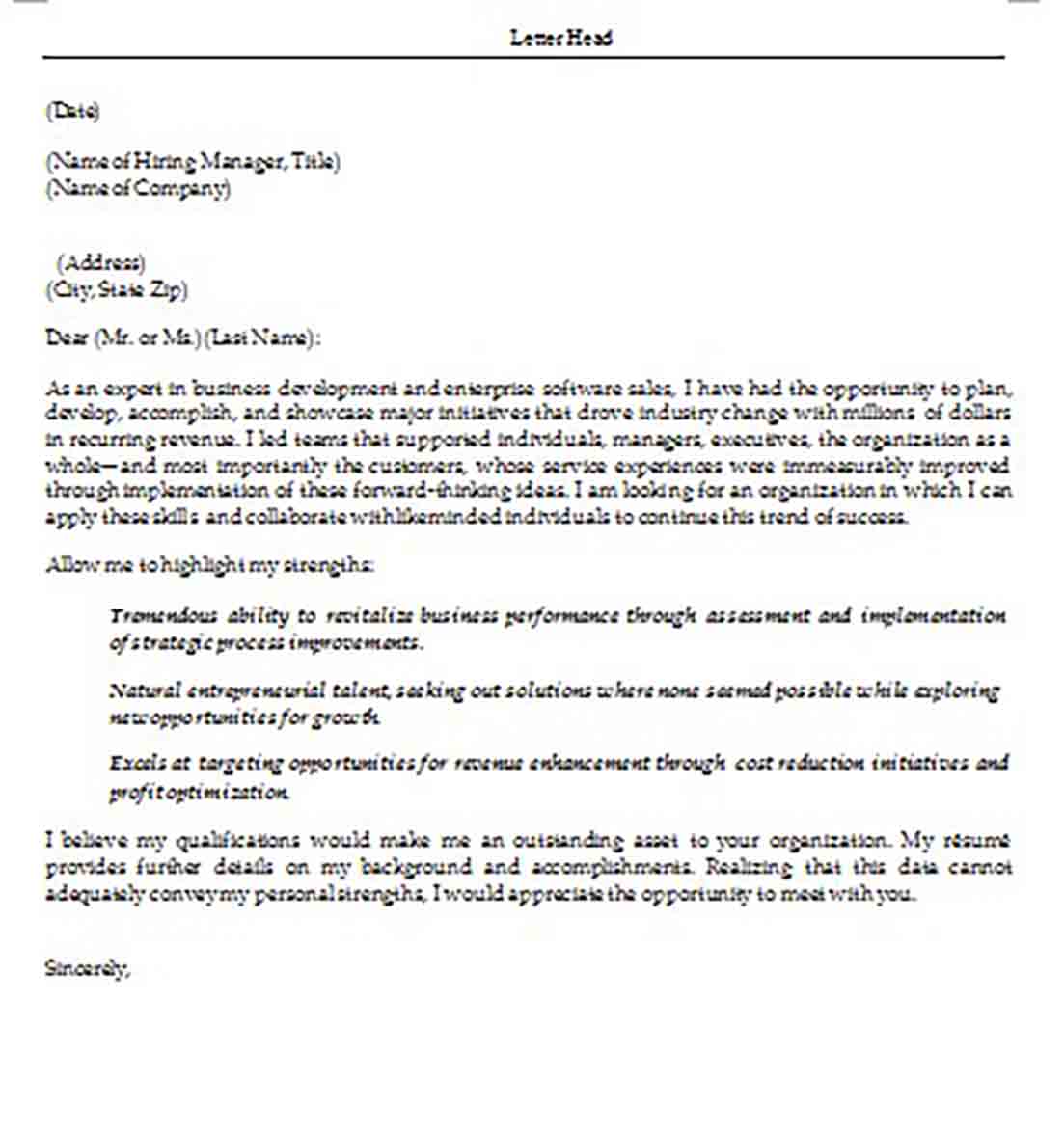 Business Development and Software Sales Cover Letter