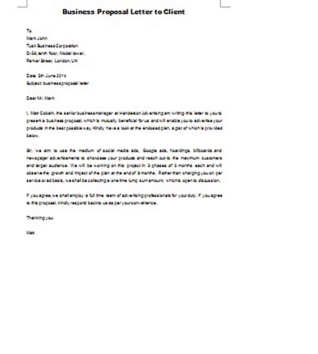 Business Proposal Letter to Client Word Sample