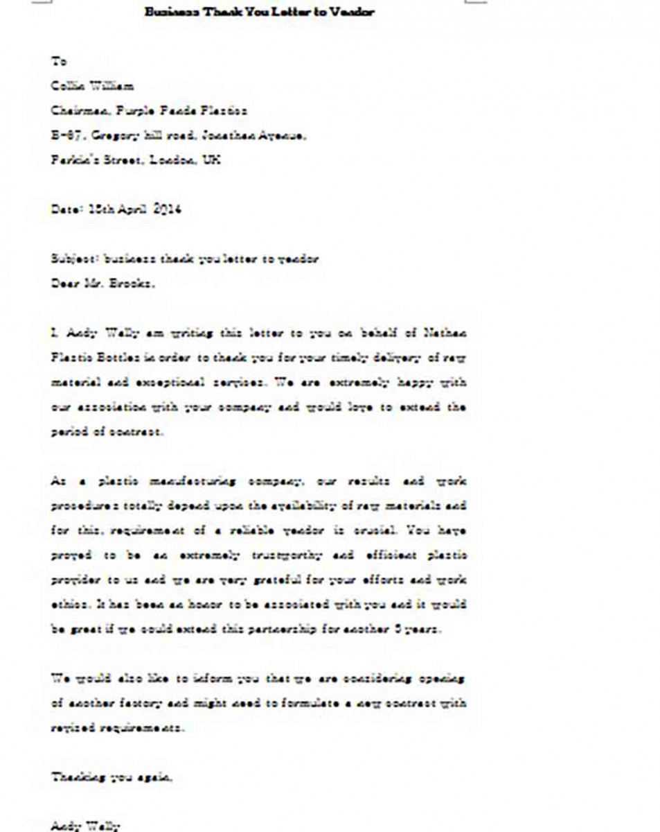Business Thank You Letter to Vendor Sample