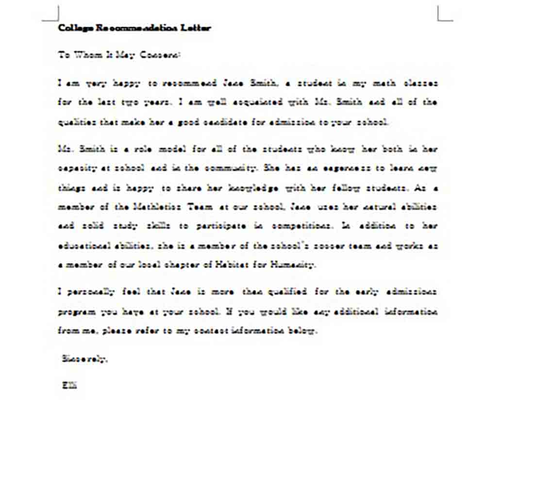Editable Letter of Recommendation for College Student in Word