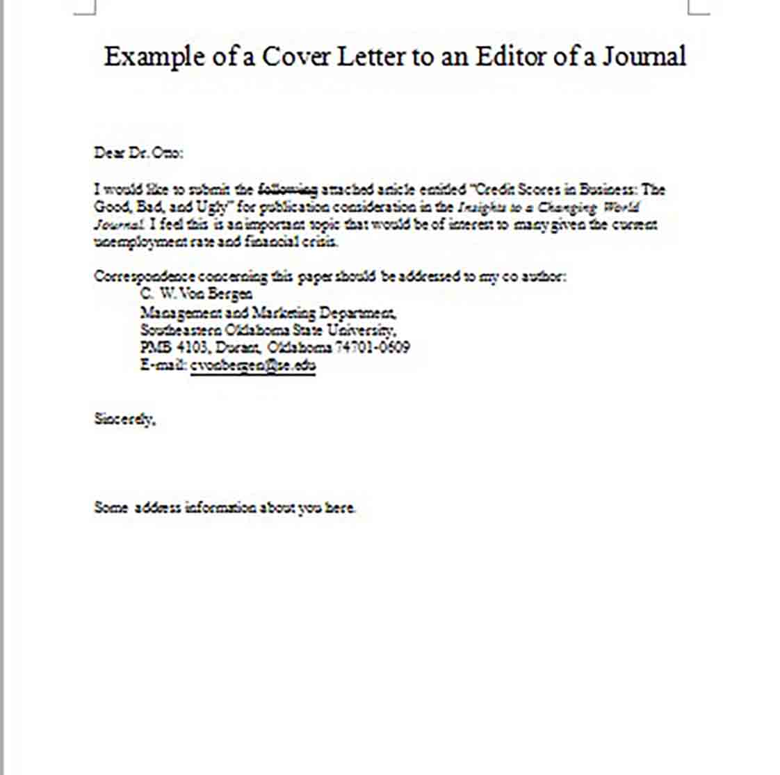 Example of a Cover Letter to an Editor of a Journal