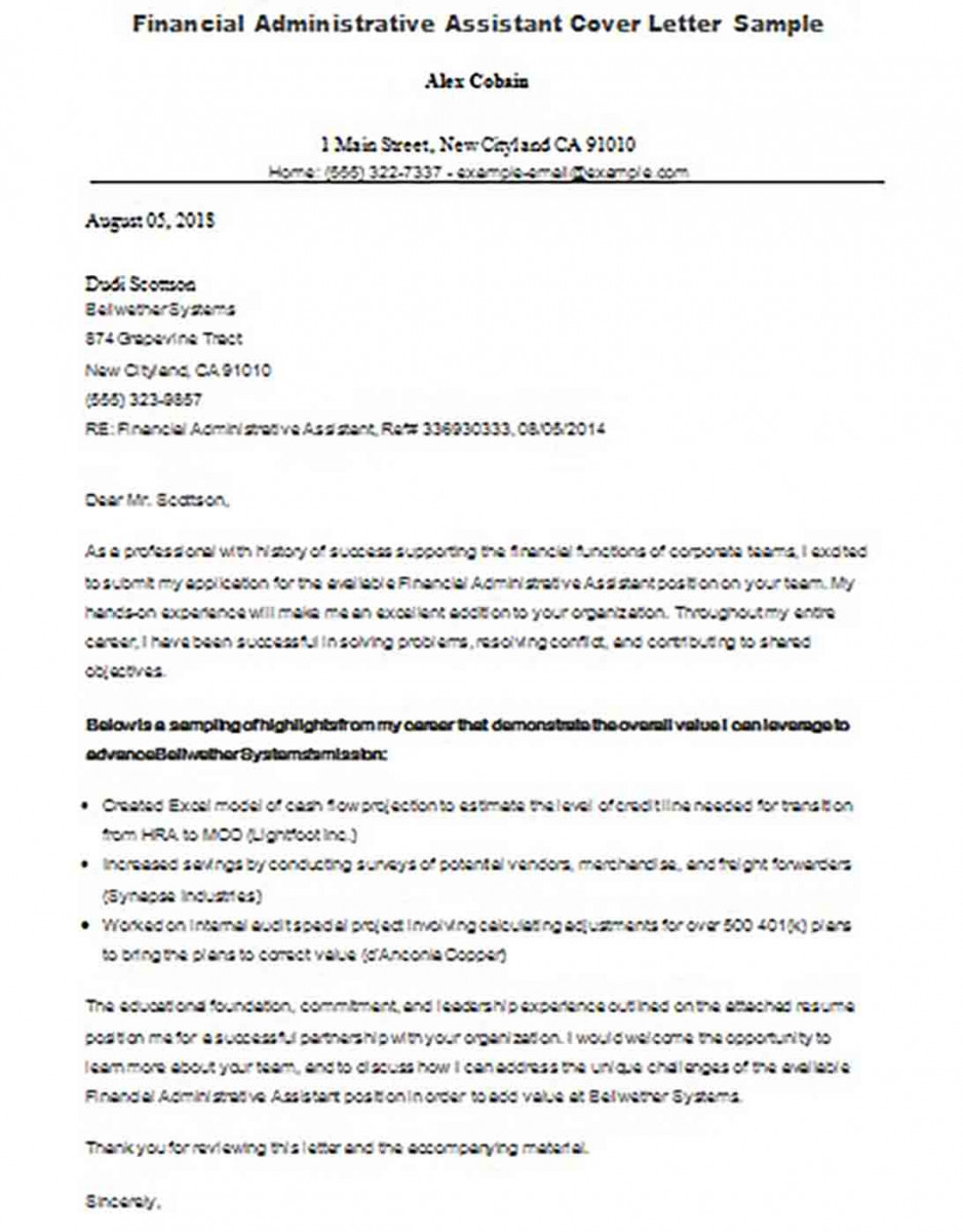 Financial Administrative Assistant Cover Letter Sample