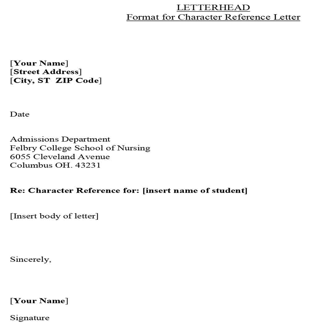 Format for Character Reference Letterhead 1