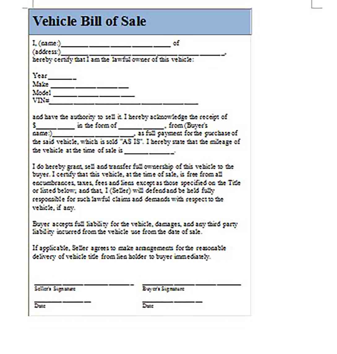 Generic Bill Of Sale For Car.doc