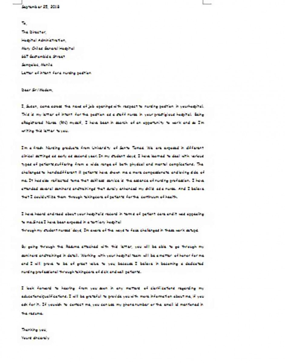 Letter of Intent for a Nursing Job Sample